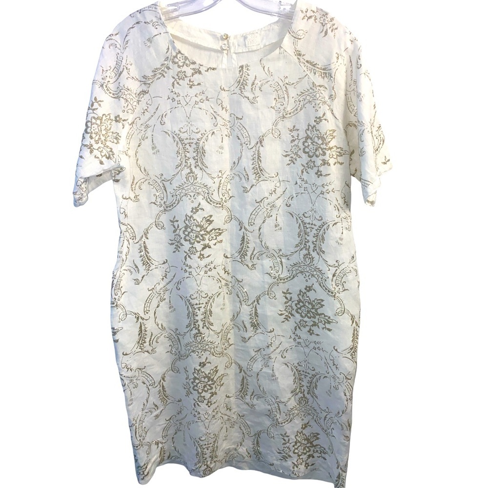 120% Lino White Short Sleeve Dress Glitter Detail Floral Design Pockets Size L